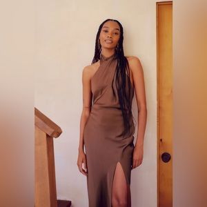 Beyond Classy Brown Satin Halter Midi Dress